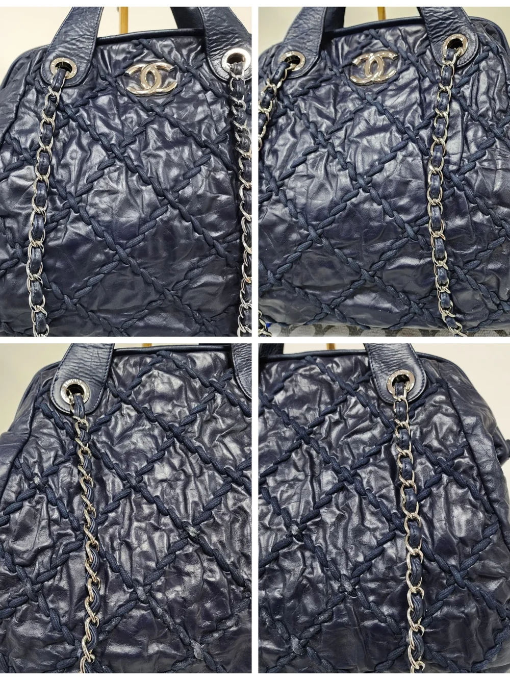 CHANEL Ultra Stitch Leather Bowling Bag Navy Blue
